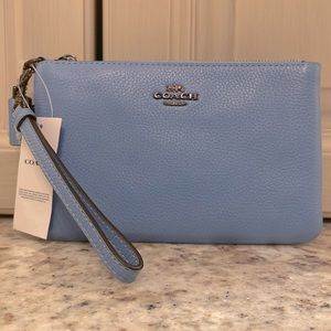 COACH polished pebbled leather small wristlet in POOL. NEWw/TAGS! AUTHENTIC.